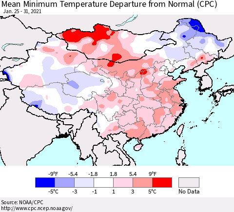 China, Mongolia and Taiwan Mean Minimum Temperature Departure from Normal (CPC) Thematic Map For 1/25/2021 - 1/31/2021