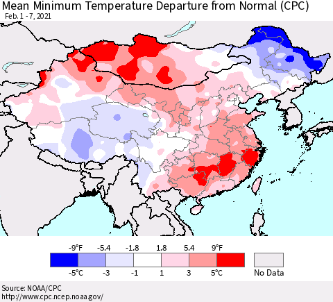 China, Mongolia and Taiwan Mean Minimum Temperature Departure from Normal (CPC) Thematic Map For 2/1/2021 - 2/7/2021