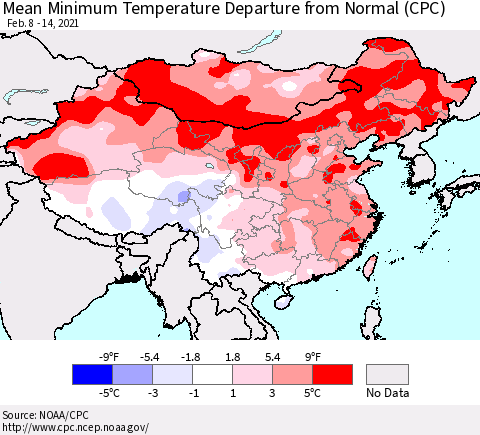 China, Mongolia and Taiwan Mean Minimum Temperature Departure from Normal (CPC) Thematic Map For 2/8/2021 - 2/14/2021
