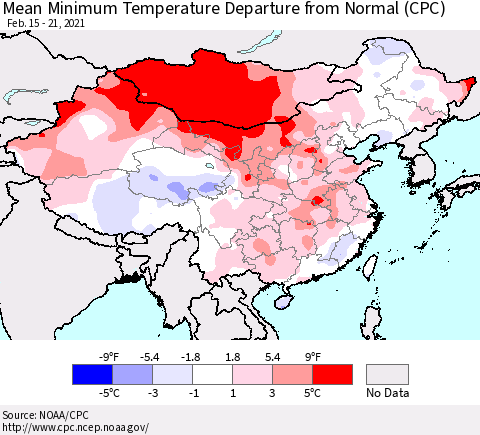 China, Mongolia and Taiwan Mean Minimum Temperature Departure from Normal (CPC) Thematic Map For 2/15/2021 - 2/21/2021
