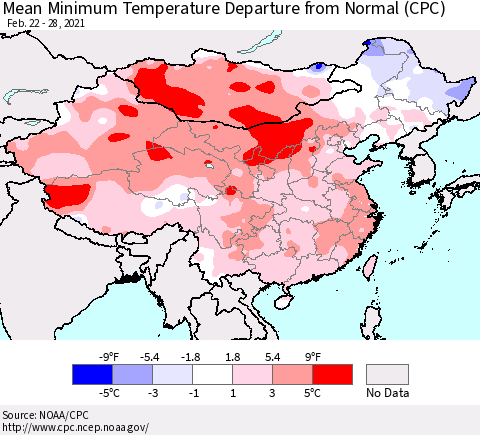 China, Mongolia and Taiwan Mean Minimum Temperature Departure from Normal (CPC) Thematic Map For 2/22/2021 - 2/28/2021