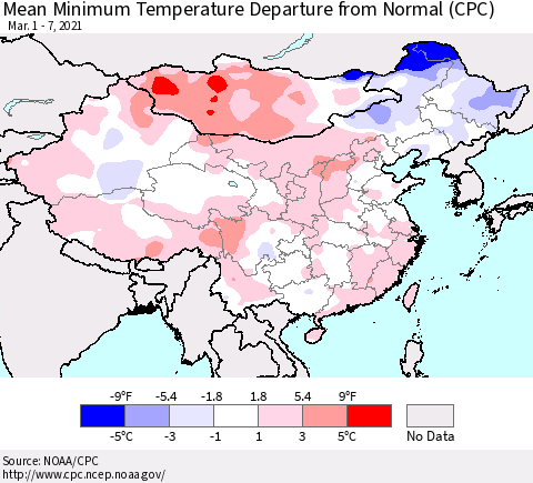 China, Mongolia and Taiwan Mean Minimum Temperature Departure from Normal (CPC) Thematic Map For 3/1/2021 - 3/7/2021