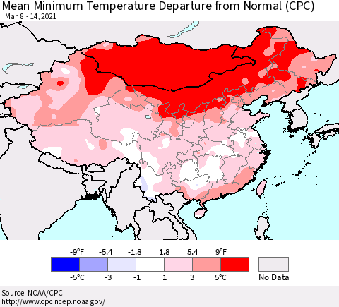 China, Mongolia and Taiwan Mean Minimum Temperature Departure from Normal (CPC) Thematic Map For 3/8/2021 - 3/14/2021