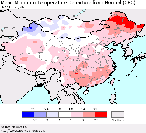 China, Mongolia and Taiwan Mean Minimum Temperature Departure from Normal (CPC) Thematic Map For 3/15/2021 - 3/21/2021