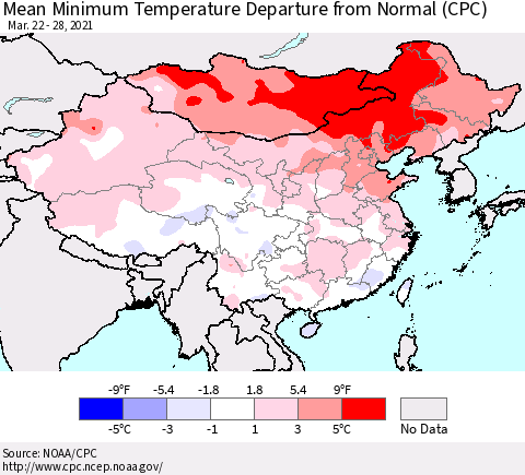 China, Mongolia and Taiwan Mean Minimum Temperature Departure from Normal (CPC) Thematic Map For 3/22/2021 - 3/28/2021