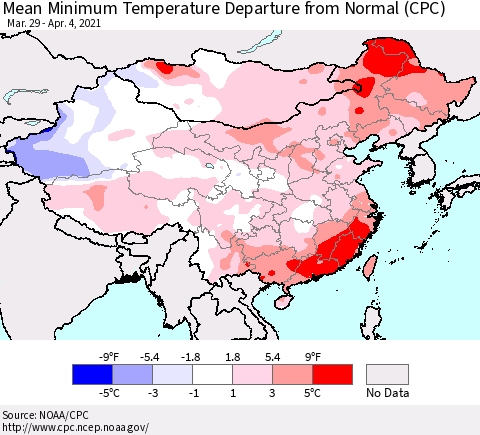 China, Mongolia and Taiwan Mean Minimum Temperature Departure from Normal (CPC) Thematic Map For 3/29/2021 - 4/4/2021