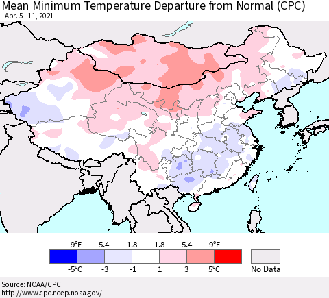 China, Mongolia and Taiwan Mean Minimum Temperature Departure from Normal (CPC) Thematic Map For 4/5/2021 - 4/11/2021