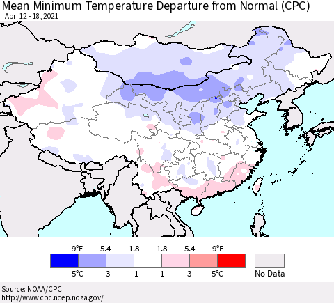 China, Mongolia and Taiwan Mean Minimum Temperature Departure from Normal (CPC) Thematic Map For 4/12/2021 - 4/18/2021