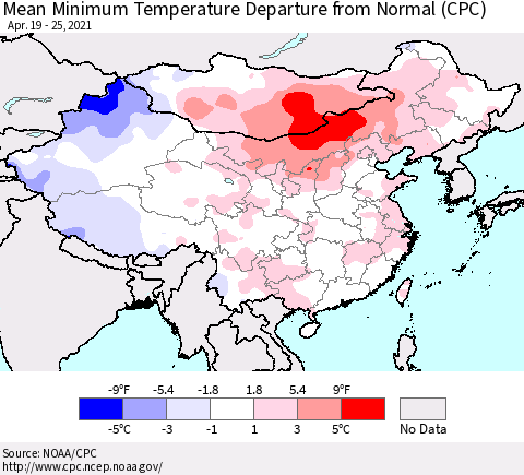 China, Mongolia and Taiwan Mean Minimum Temperature Departure from Normal (CPC) Thematic Map For 4/19/2021 - 4/25/2021