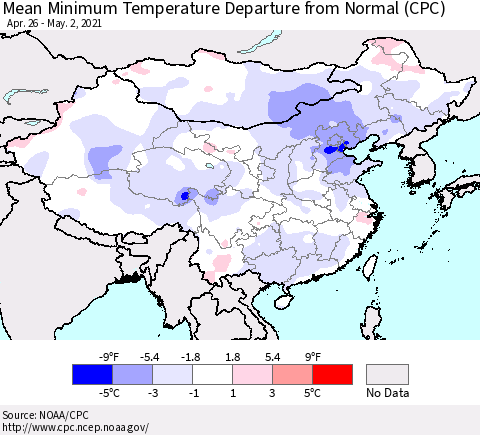 China, Mongolia and Taiwan Mean Minimum Temperature Departure from Normal (CPC) Thematic Map For 4/26/2021 - 5/2/2021