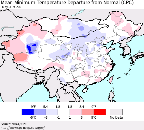 China, Mongolia and Taiwan Mean Minimum Temperature Departure from Normal (CPC) Thematic Map For 5/3/2021 - 5/9/2021
