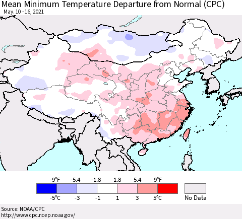China, Mongolia and Taiwan Mean Minimum Temperature Departure from Normal (CPC) Thematic Map For 5/10/2021 - 5/16/2021