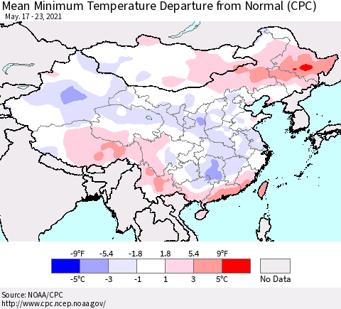 China, Mongolia and Taiwan Mean Minimum Temperature Departure from Normal (CPC) Thematic Map For 5/17/2021 - 5/23/2021