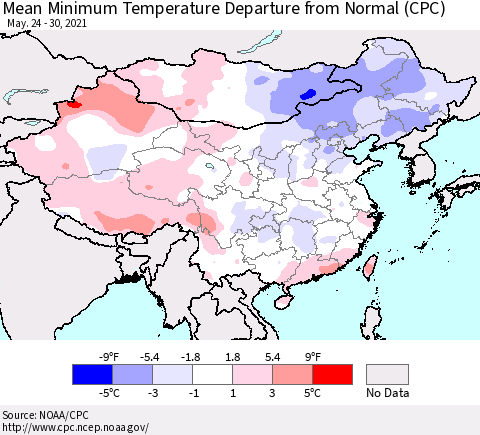 China, Mongolia and Taiwan Mean Minimum Temperature Departure from Normal (CPC) Thematic Map For 5/24/2021 - 5/30/2021