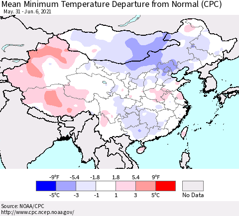 China, Mongolia and Taiwan Mean Minimum Temperature Departure from Normal (CPC) Thematic Map For 5/31/2021 - 6/6/2021