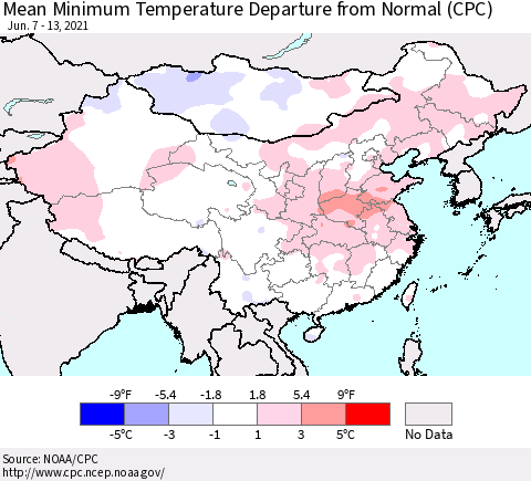China, Mongolia and Taiwan Mean Minimum Temperature Departure from Normal (CPC) Thematic Map For 6/7/2021 - 6/13/2021