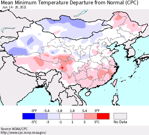 China, Mongolia and Taiwan Mean Minimum Temperature Departure from Normal (CPC) Thematic Map For 6/14/2021 - 6/20/2021