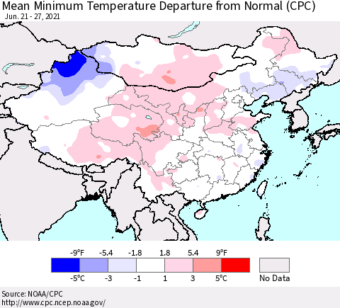 China, Mongolia and Taiwan Mean Minimum Temperature Departure from Normal (CPC) Thematic Map For 6/21/2021 - 6/27/2021