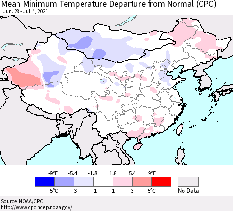 China, Mongolia and Taiwan Mean Minimum Temperature Departure from Normal (CPC) Thematic Map For 6/28/2021 - 7/4/2021