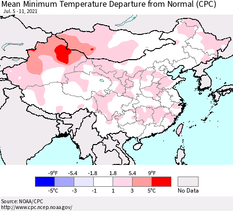 China, Mongolia and Taiwan Mean Minimum Temperature Departure from Normal (CPC) Thematic Map For 7/5/2021 - 7/11/2021