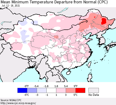 China, Mongolia and Taiwan Mean Minimum Temperature Departure from Normal (CPC) Thematic Map For 7/12/2021 - 7/18/2021