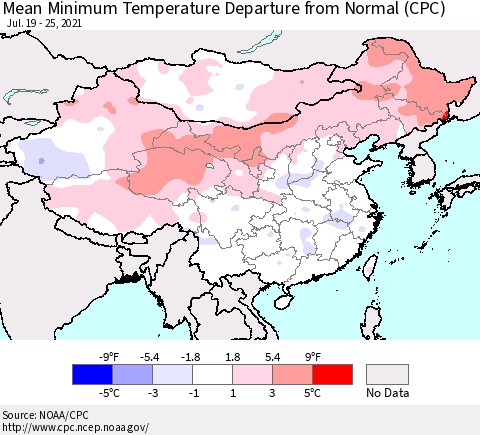 China, Mongolia and Taiwan Mean Minimum Temperature Departure from Normal (CPC) Thematic Map For 7/19/2021 - 7/25/2021