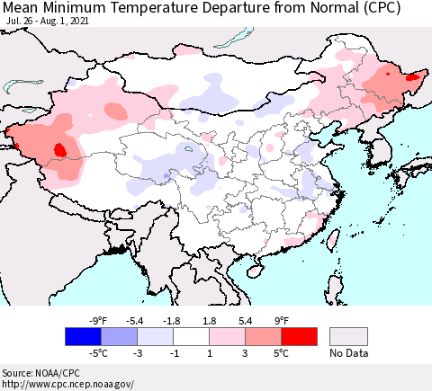 China, Mongolia and Taiwan Mean Minimum Temperature Departure from Normal (CPC) Thematic Map For 7/26/2021 - 8/1/2021