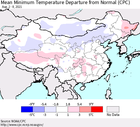China, Mongolia and Taiwan Mean Minimum Temperature Departure from Normal (CPC) Thematic Map For 8/2/2021 - 8/8/2021
