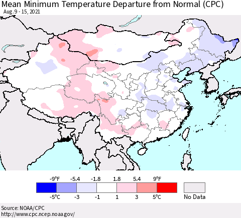 China, Mongolia and Taiwan Mean Minimum Temperature Departure from Normal (CPC) Thematic Map For 8/9/2021 - 8/15/2021