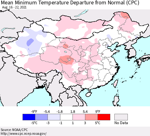 China, Mongolia and Taiwan Mean Minimum Temperature Departure from Normal (CPC) Thematic Map For 8/16/2021 - 8/22/2021
