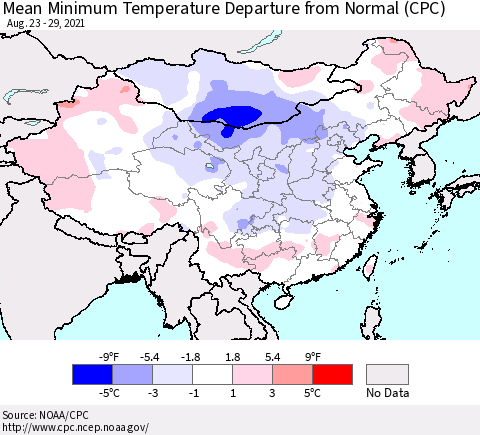 China, Mongolia and Taiwan Mean Minimum Temperature Departure from Normal (CPC) Thematic Map For 8/23/2021 - 8/29/2021