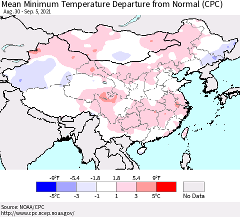 China, Mongolia and Taiwan Mean Minimum Temperature Departure from Normal (CPC) Thematic Map For 8/30/2021 - 9/5/2021