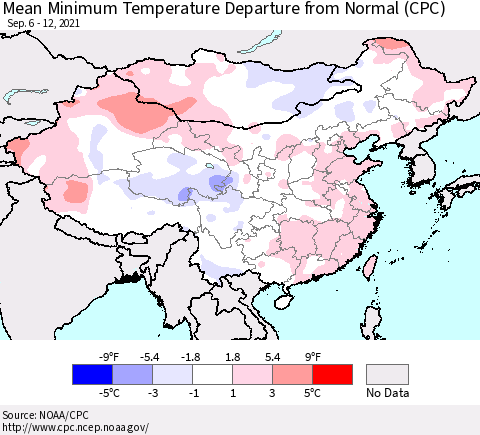 China, Mongolia and Taiwan Mean Minimum Temperature Departure from Normal (CPC) Thematic Map For 9/6/2021 - 9/12/2021