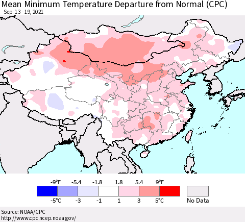 China, Mongolia and Taiwan Mean Minimum Temperature Departure from Normal (CPC) Thematic Map For 9/13/2021 - 9/19/2021