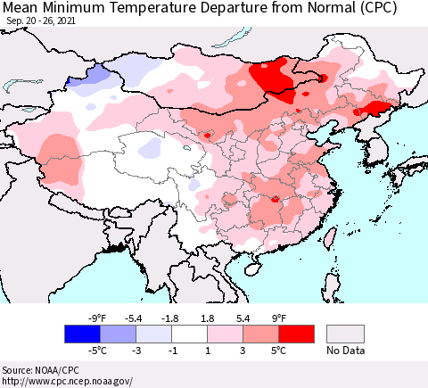 China, Mongolia and Taiwan Mean Minimum Temperature Departure from Normal (CPC) Thematic Map For 9/20/2021 - 9/26/2021