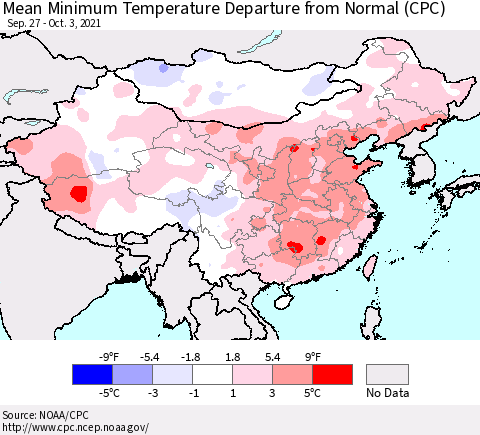 China, Mongolia and Taiwan Mean Minimum Temperature Departure from Normal (CPC) Thematic Map For 9/27/2021 - 10/3/2021