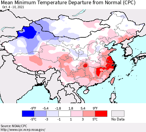 China, Mongolia and Taiwan Mean Minimum Temperature Departure from Normal (CPC) Thematic Map For 10/4/2021 - 10/10/2021
