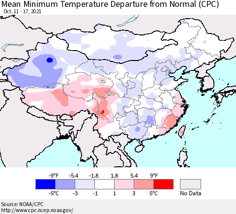 China, Mongolia and Taiwan Mean Minimum Temperature Departure from Normal (CPC) Thematic Map For 10/11/2021 - 10/17/2021
