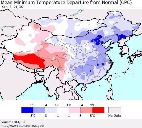 China, Mongolia and Taiwan Mean Minimum Temperature Departure from Normal (CPC) Thematic Map For 10/18/2021 - 10/24/2021