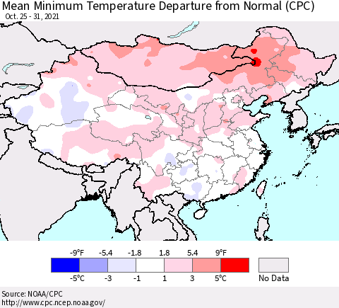 China, Mongolia and Taiwan Mean Minimum Temperature Departure from Normal (CPC) Thematic Map For 10/25/2021 - 10/31/2021