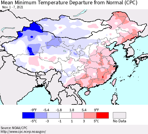 China, Mongolia and Taiwan Mean Minimum Temperature Departure from Normal (CPC) Thematic Map For 11/1/2021 - 11/7/2021