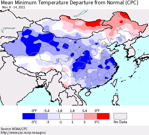 China, Mongolia and Taiwan Mean Minimum Temperature Departure from Normal (CPC) Thematic Map For 11/8/2021 - 11/14/2021