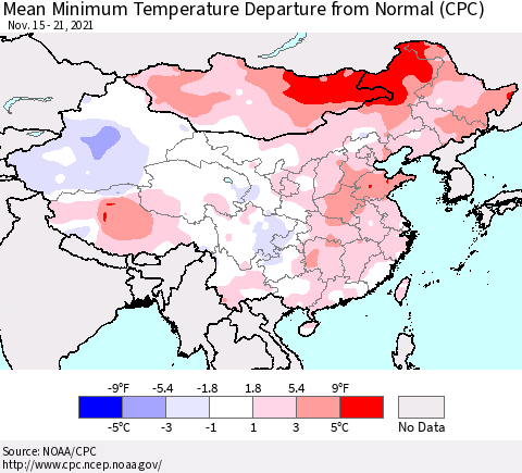 China, Mongolia and Taiwan Mean Minimum Temperature Departure from Normal (CPC) Thematic Map For 11/15/2021 - 11/21/2021
