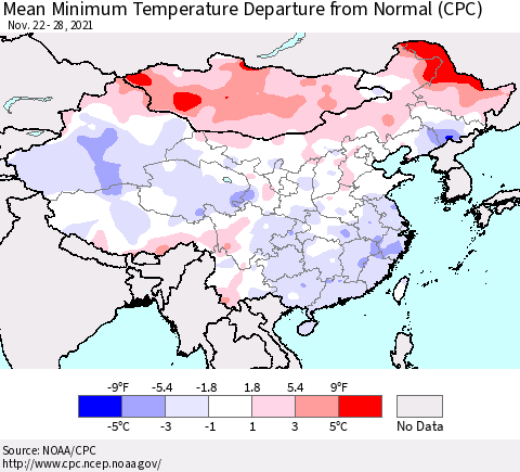 China, Mongolia and Taiwan Mean Minimum Temperature Departure from Normal (CPC) Thematic Map For 11/22/2021 - 11/28/2021