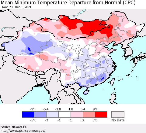 China, Mongolia and Taiwan Mean Minimum Temperature Departure from Normal (CPC) Thematic Map For 11/29/2021 - 12/5/2021