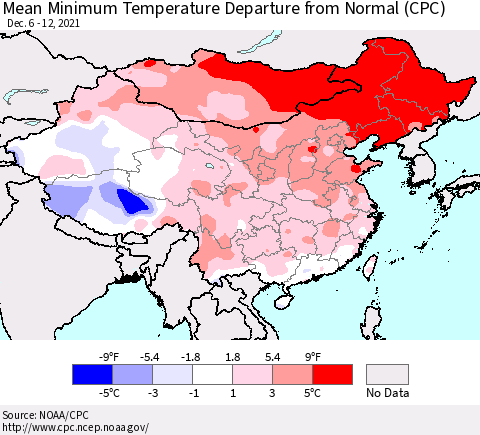 China, Mongolia and Taiwan Mean Minimum Temperature Departure from Normal (CPC) Thematic Map For 12/6/2021 - 12/12/2021