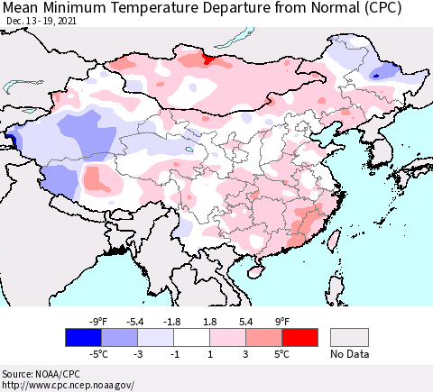 China, Mongolia and Taiwan Mean Minimum Temperature Departure from Normal (CPC) Thematic Map For 12/13/2021 - 12/19/2021