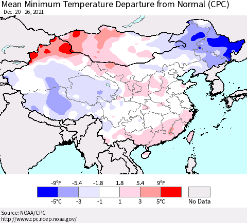 China, Mongolia and Taiwan Mean Minimum Temperature Departure from Normal (CPC) Thematic Map For 12/20/2021 - 12/26/2021
