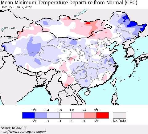 China, Mongolia and Taiwan Mean Minimum Temperature Departure from Normal (CPC) Thematic Map For 12/27/2021 - 1/2/2022