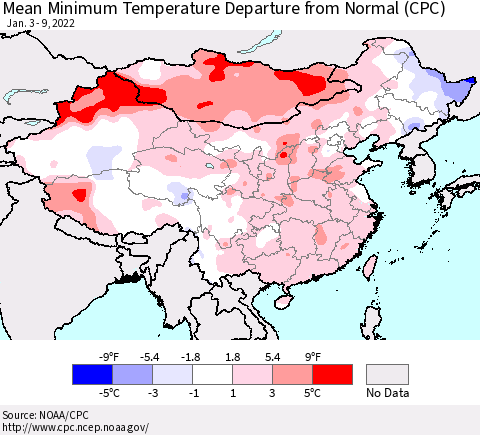 China, Mongolia and Taiwan Mean Minimum Temperature Departure from Normal (CPC) Thematic Map For 1/3/2022 - 1/9/2022